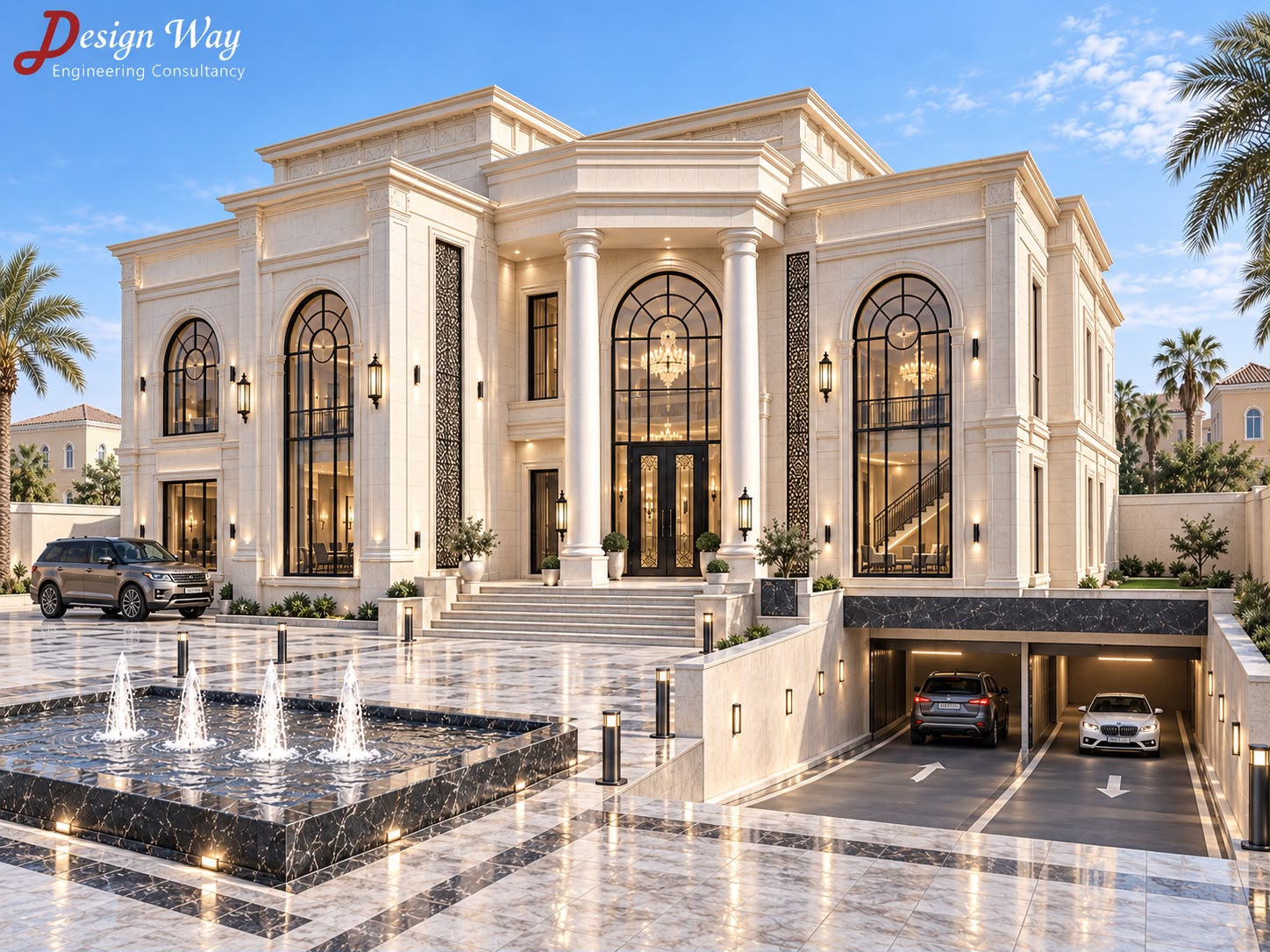 Classical residence arrival court with fountains and basement garage