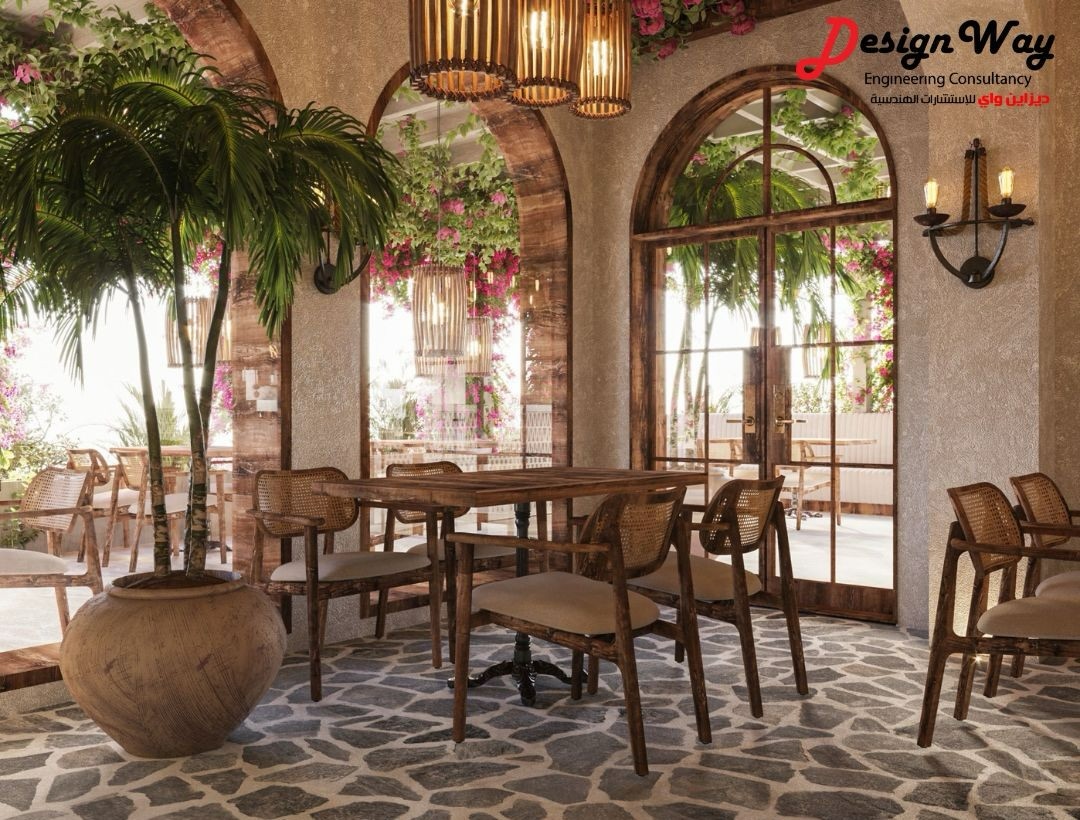 Mediterranean café interior with arches and planting