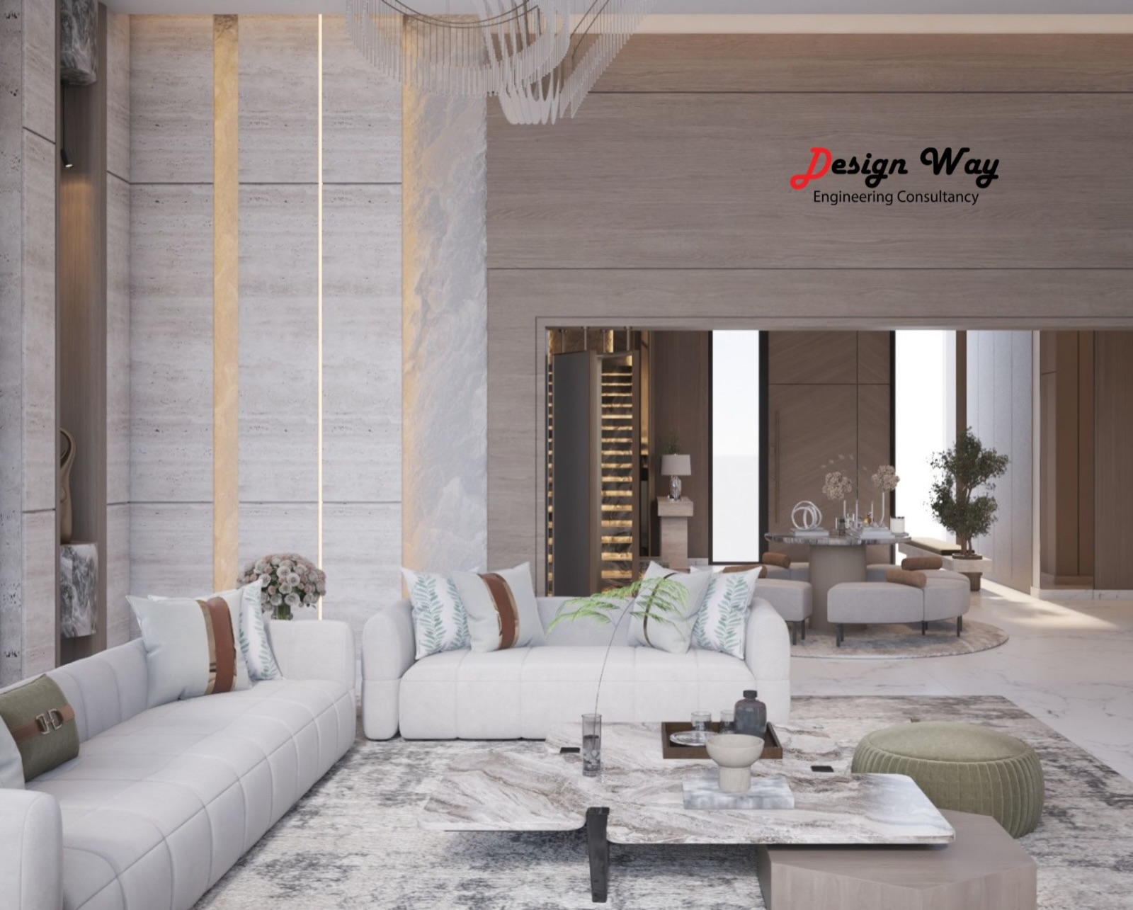 Warm neutral living room with stone and soft furnishings